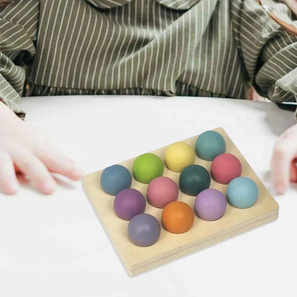 12 Pastel Wooden Balls with Colour Sorting Tray