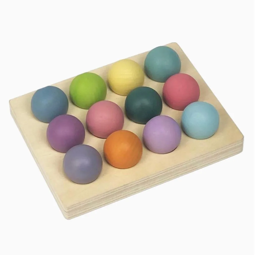 12 Pastel Wooden Balls with Colour Sorting Tray