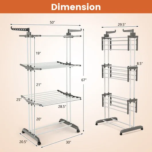 4-tier Clothes Drying Rack with Rotatable Side Wings and Collapsible Shelves-Gray