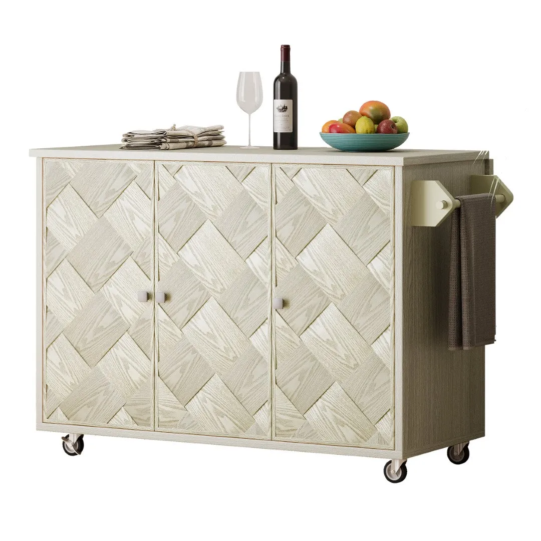 51.2"W Ash Veneer Solid Wood Handwoven Kitchen Island w/ Drop Leaf, Coastal Style on Wheels, Storage Rack, Rolling Cart - Champagne