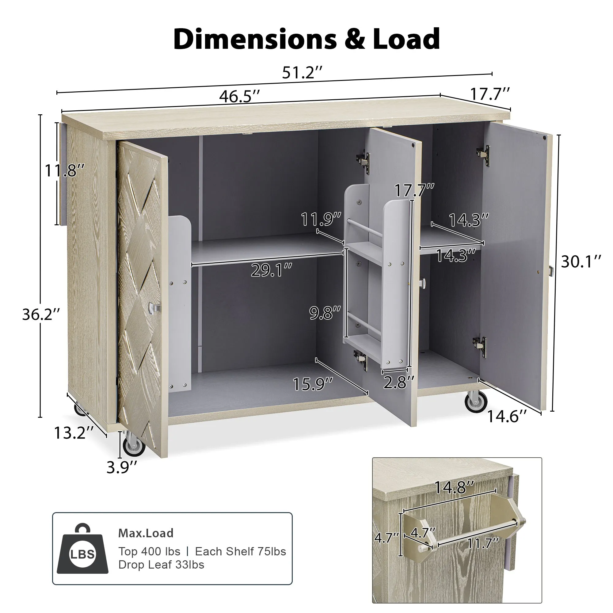 51.2"W Ash Veneer Solid Wood Handwoven Kitchen Island w/ Drop Leaf, Coastal Style on Wheels, Storage Rack, Rolling Cart - Champagne