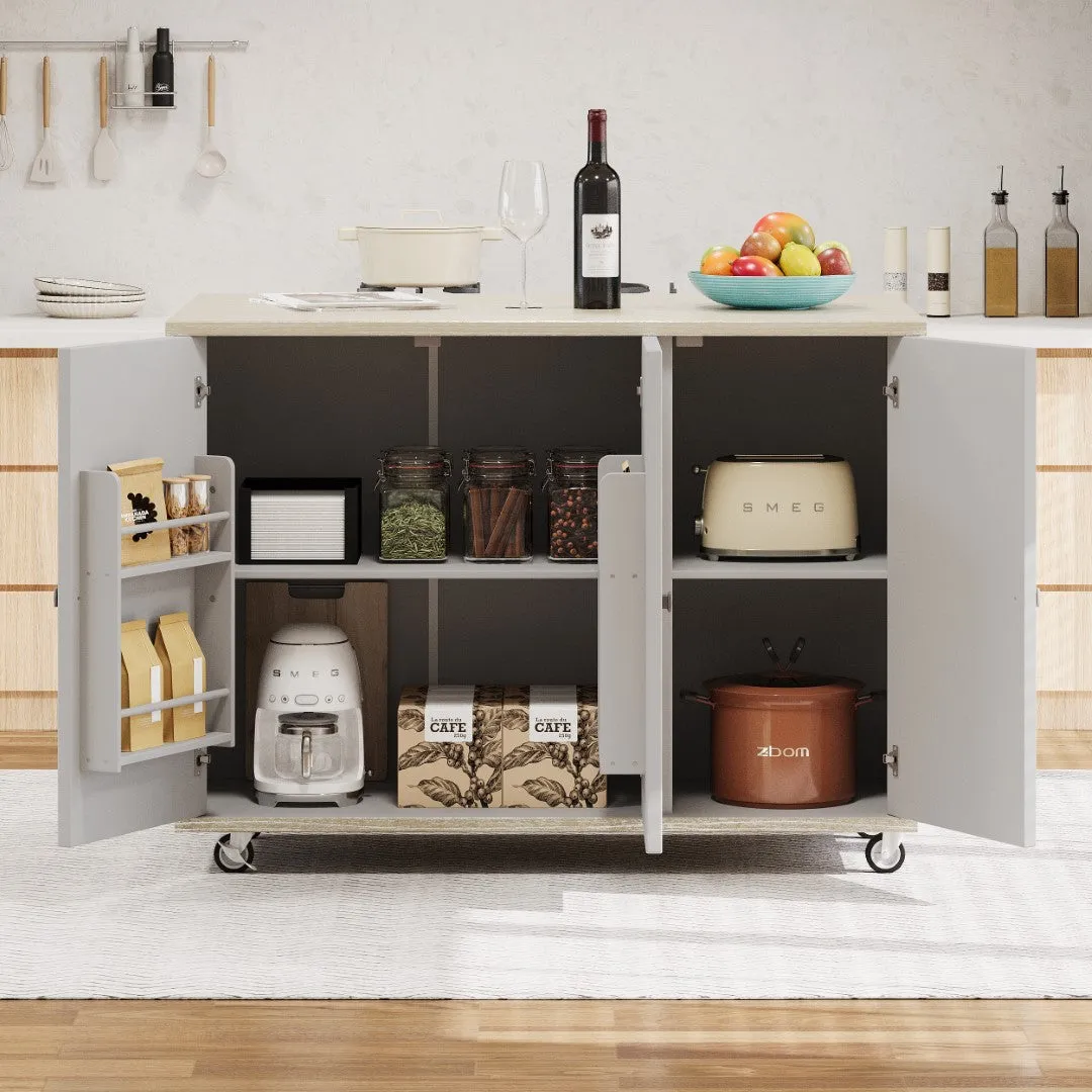 51.2"W Ash Veneer Solid Wood Handwoven Kitchen Island w/ Drop Leaf, Coastal Style on Wheels, Storage Rack, Rolling Cart - Champagne