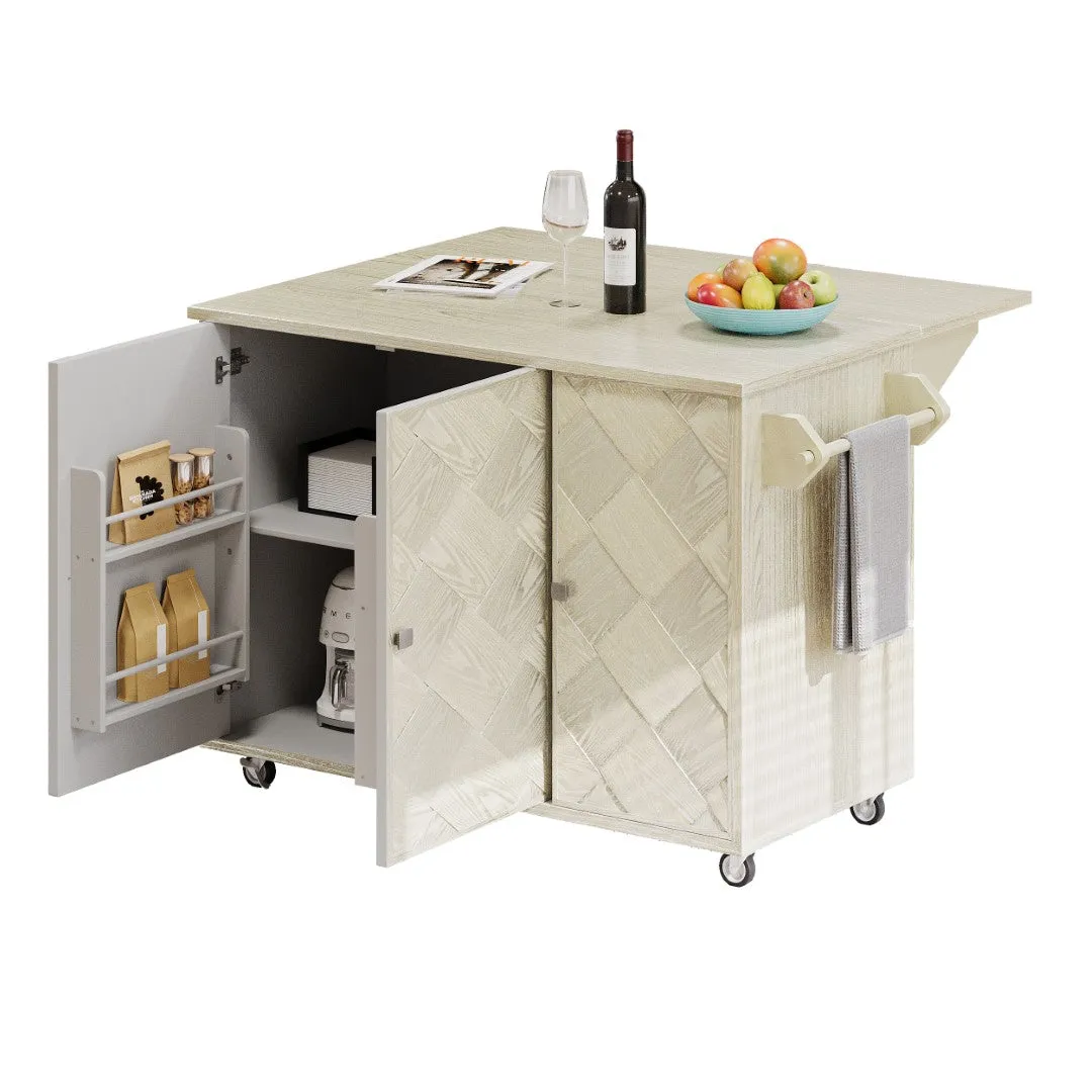 51.2"W Ash Veneer Solid Wood Handwoven Kitchen Island w/ Drop Leaf, Coastal Style on Wheels, Storage Rack, Rolling Cart - Champagne