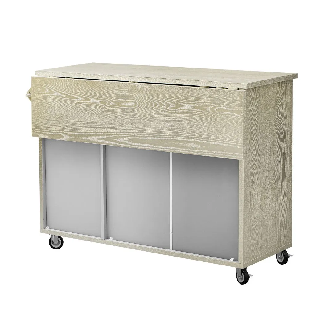 51.2"W Ash Veneer Solid Wood Handwoven Kitchen Island w/ Drop Leaf, Coastal Style on Wheels, Storage Rack, Rolling Cart - Champagne