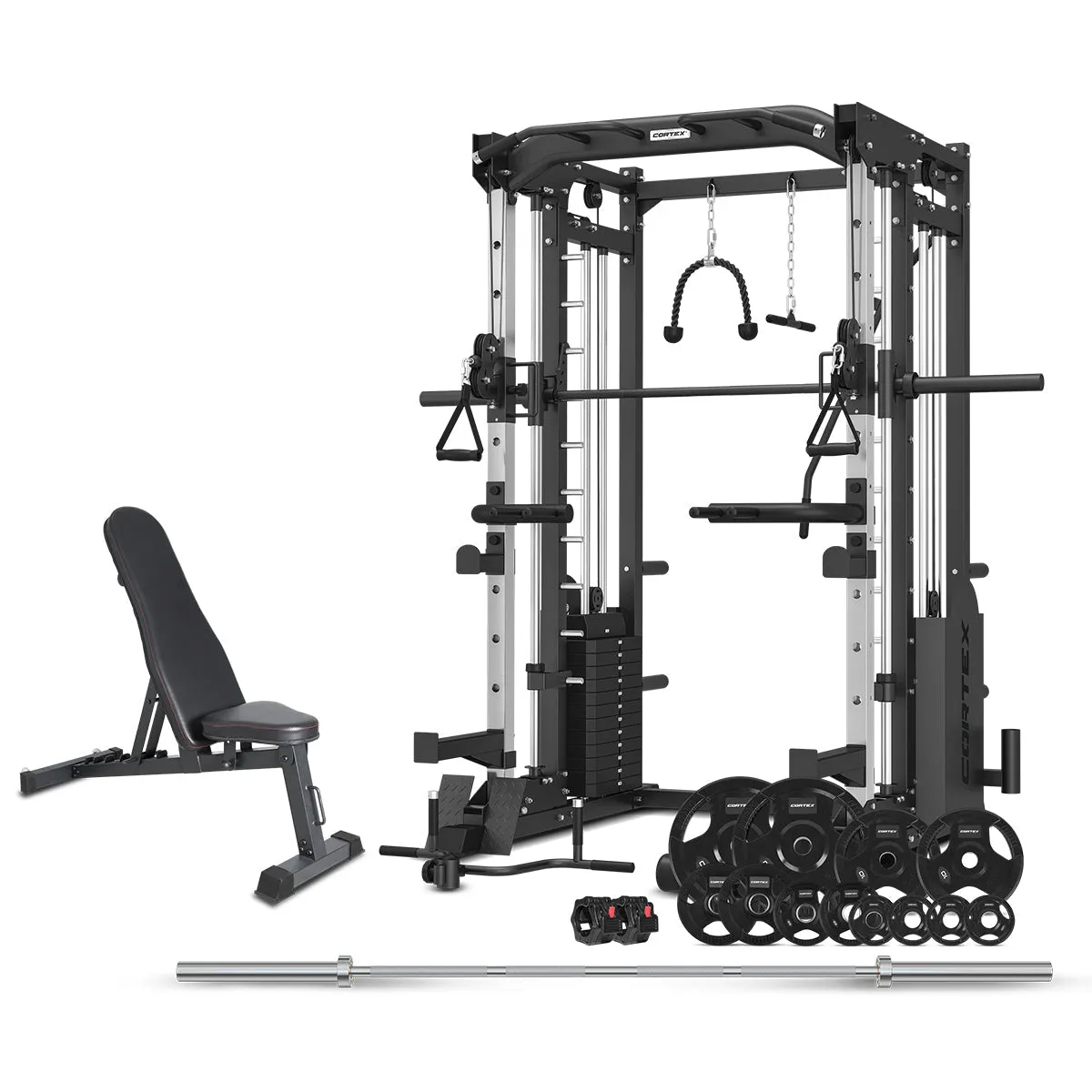 6-in-1 Power Rack & Smith Machine with Bench, 100kg Plates - Cortex