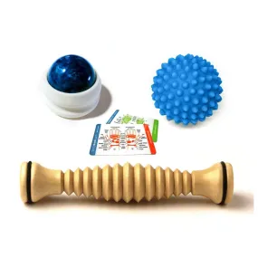 Body Back Company's Wooden Foot Roller, RhinoPro Massage Ball Blue and Massage Roller Ball Blue Bundle