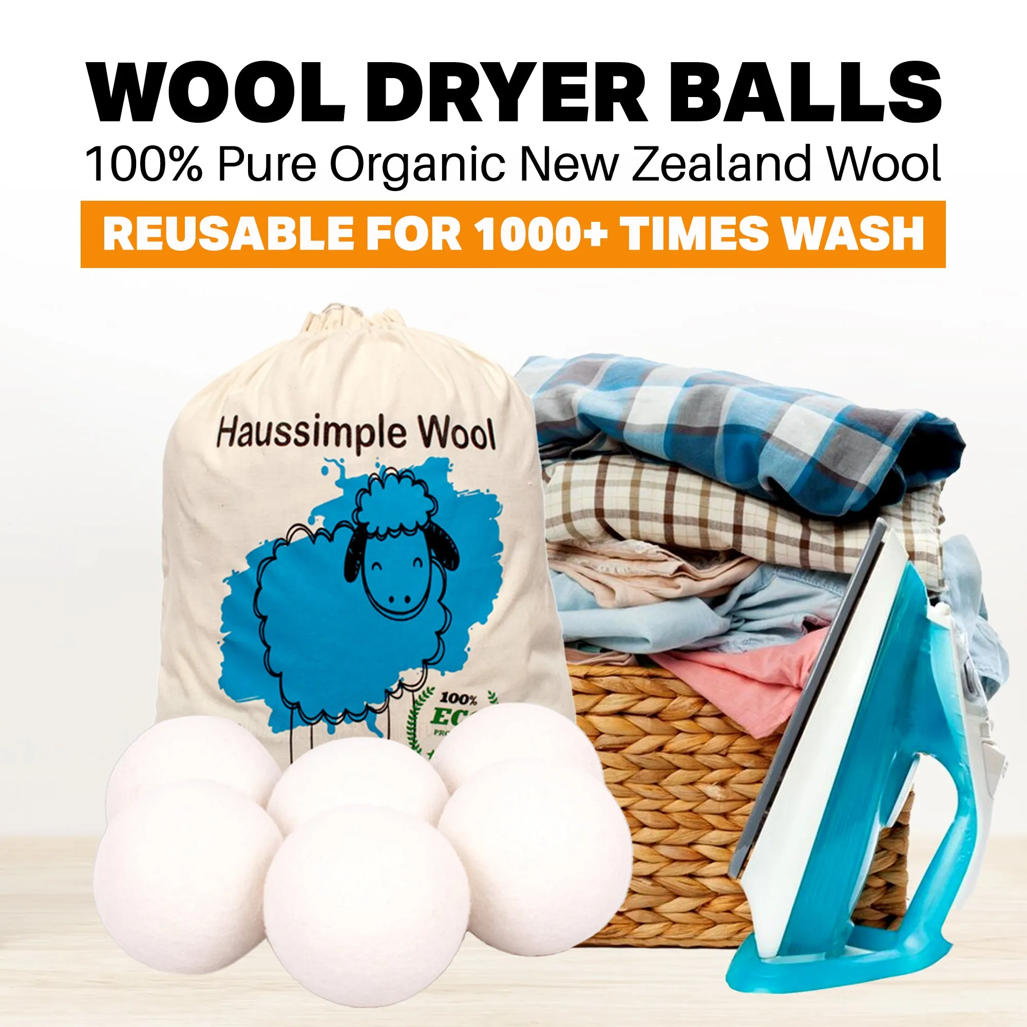 Haussimple Wool Dryer Balls Plain White 6-Count