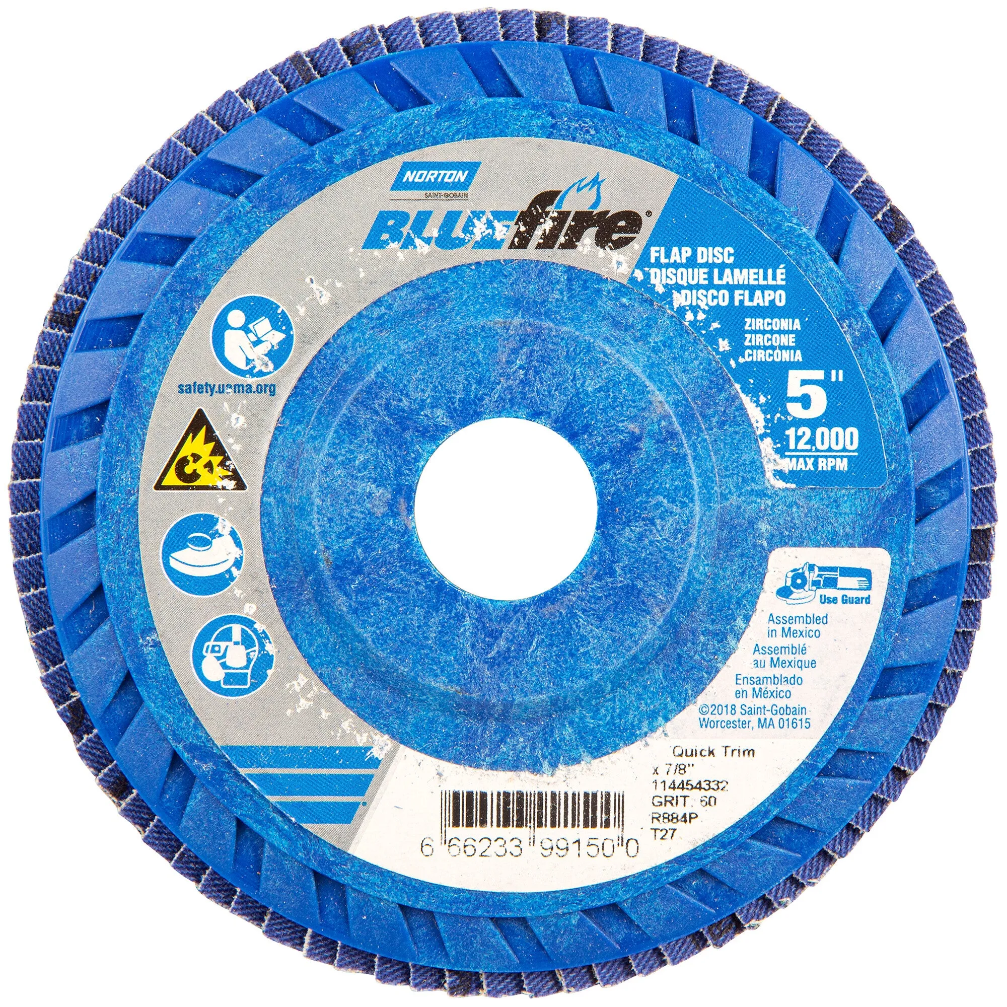 Norton 5 x 7/8 In. BlueFire Plastic Flat Flap Disc T27 P60 Grit R884P ZA 10 Count