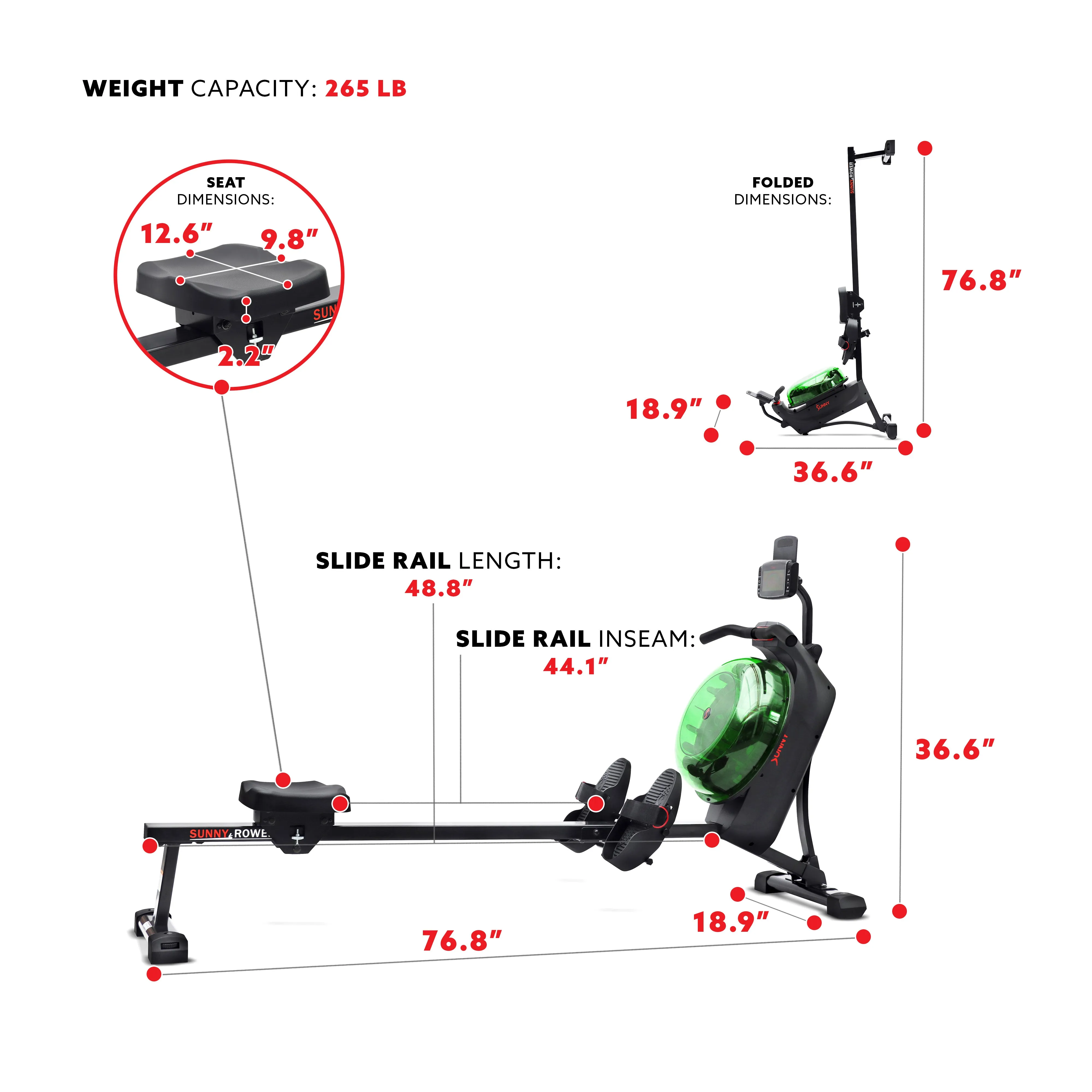 Sunny Health & Fitness Hydro   Dual Resistance Smart Magnetic Water Rowing Machine in Green- SF-RW522017GRN