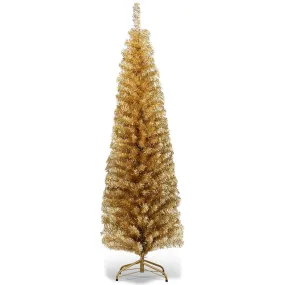 versatile 6FT Silver Tinsel Tree Unlit Slim Pencil Christmas Tree Metal champagne