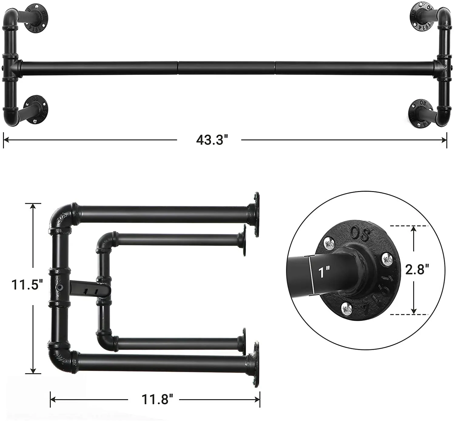 Wall-Mounted Clothes Rack, Industrial Pipe Clothes Hanging Bar, Space-Saving